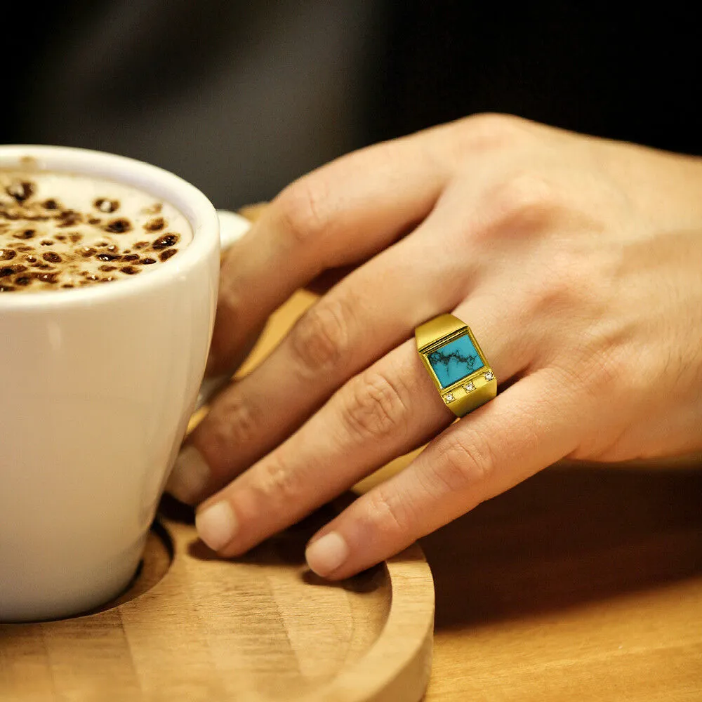 Solid Yellow Gold Turquoise Ring for Men with 3 Natural Diamonds