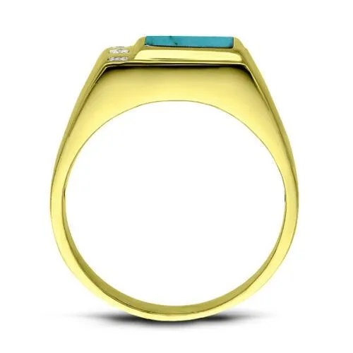 Solid Yellow Gold Turquoise Ring for Men with 3 Natural Diamonds