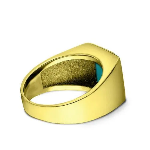 Solid Yellow Gold Turquoise Ring for Men with 3 Natural Diamonds