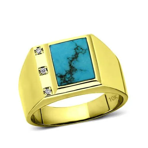 Solid Yellow Gold Turquoise Ring for Men with 3 Natural Diamonds