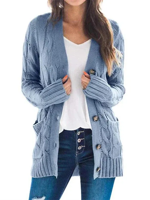 Stylish Women's Cable-Knit Buttoned Cardigan with Pockets