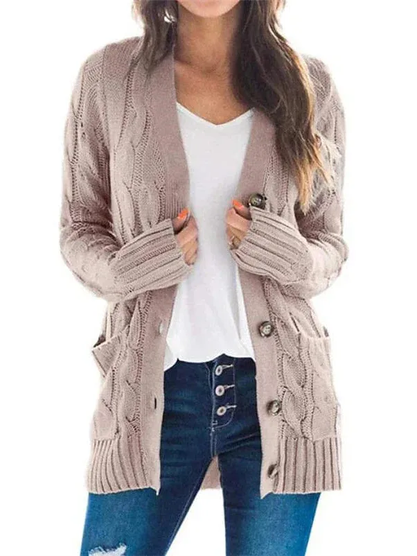 Stylish Women's Cable-Knit Buttoned Cardigan with Pockets