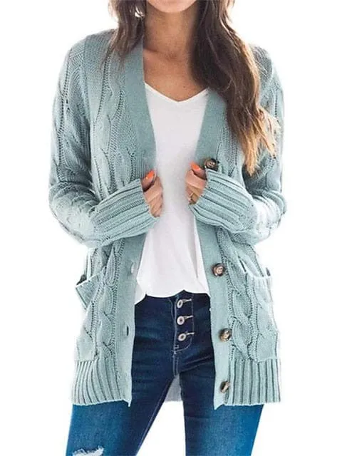 Stylish Women's Cable-Knit Buttoned Cardigan with Pockets