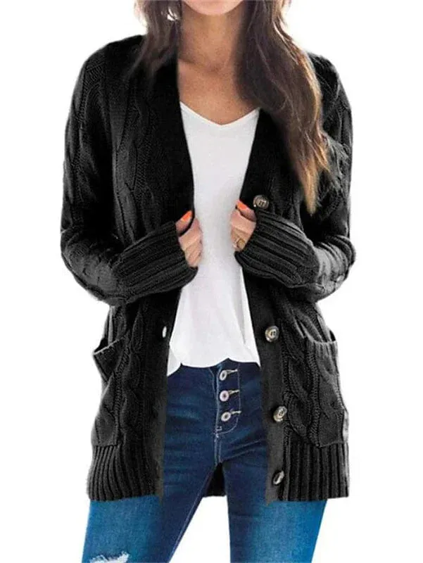 Stylish Women's Cable-Knit Buttoned Cardigan with Pockets