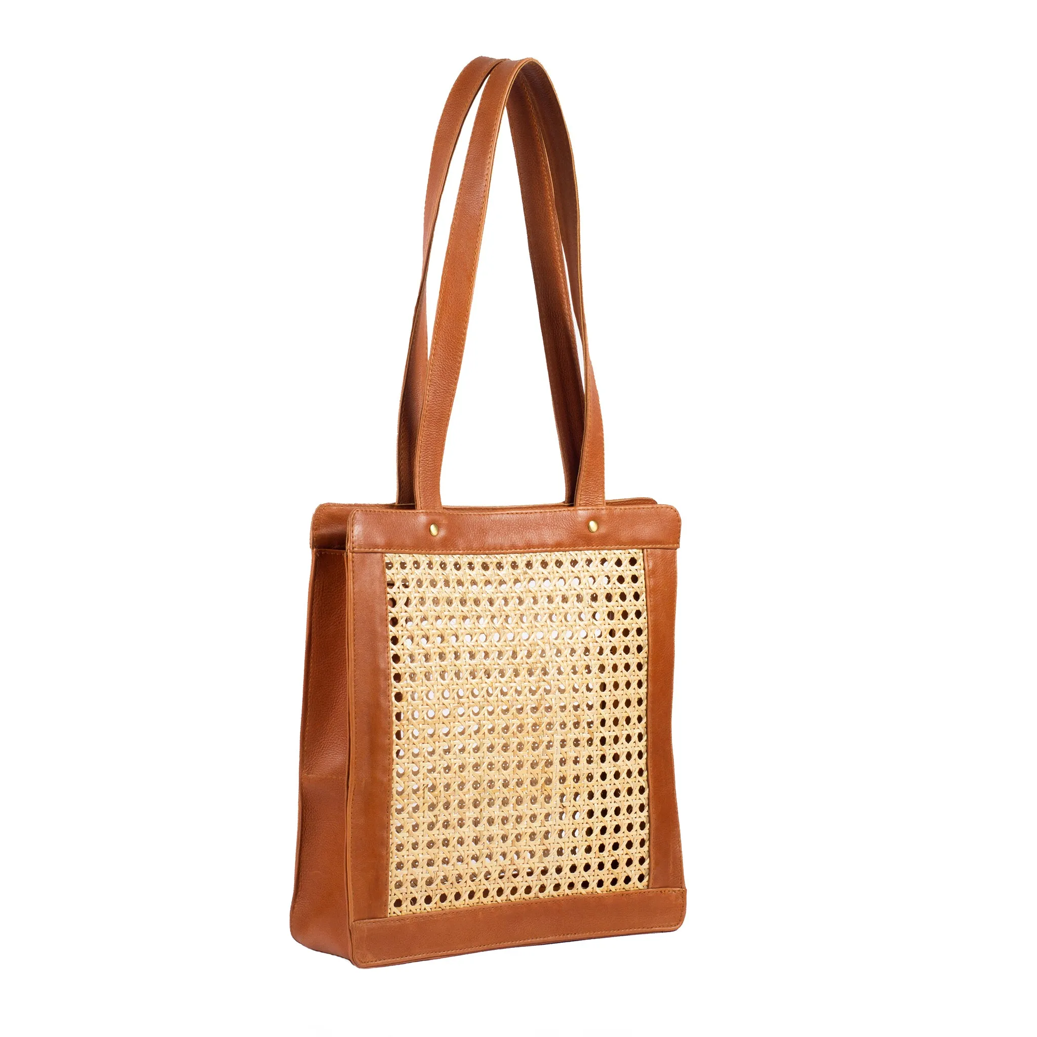 Tall Rattan & Leather Tote Bag