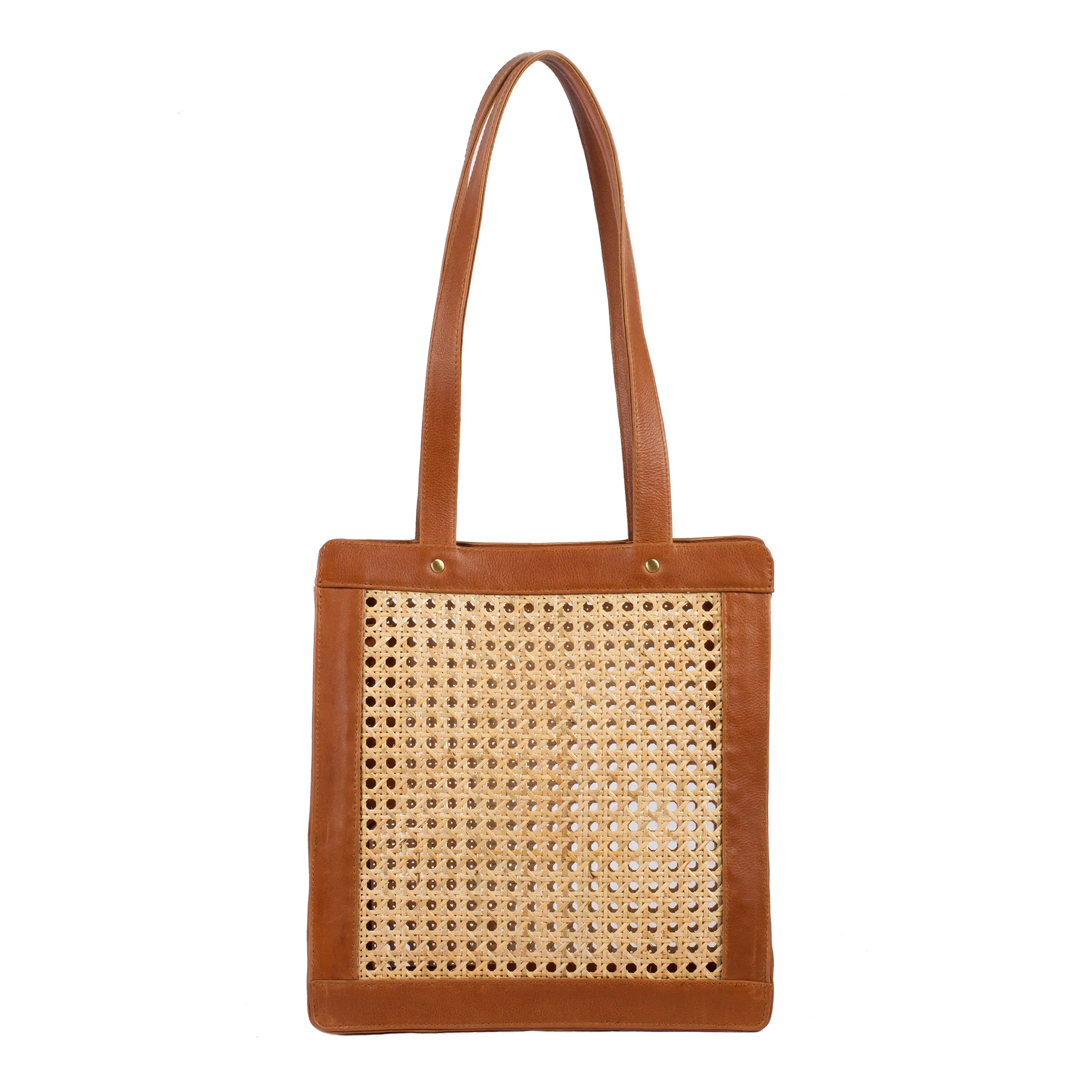 Tall Rattan & Leather Tote Bag