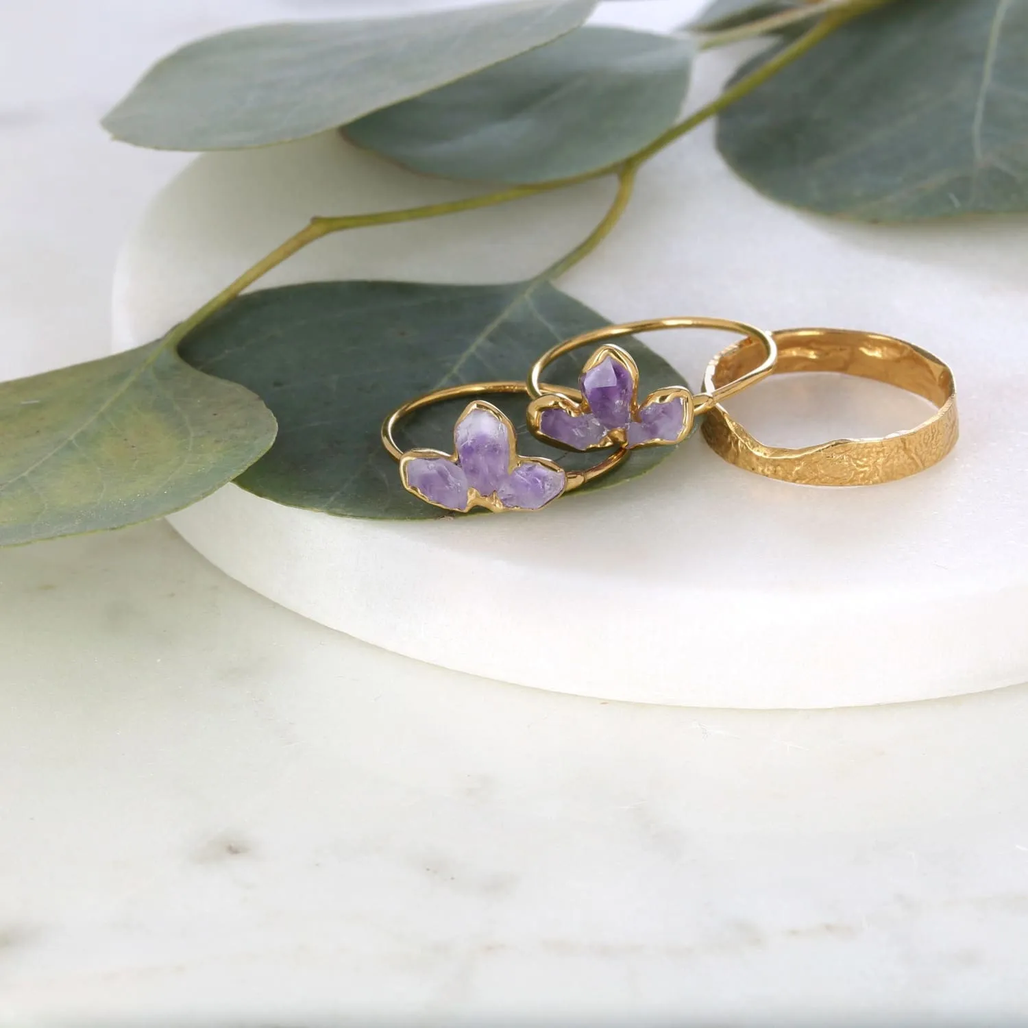 Triple Raw Amethyst Fan Ring, Gold Ring, Amethyst Ring,