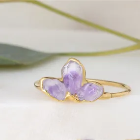 Triple Raw Amethyst Fan Ring, Gold Ring, Amethyst Ring,