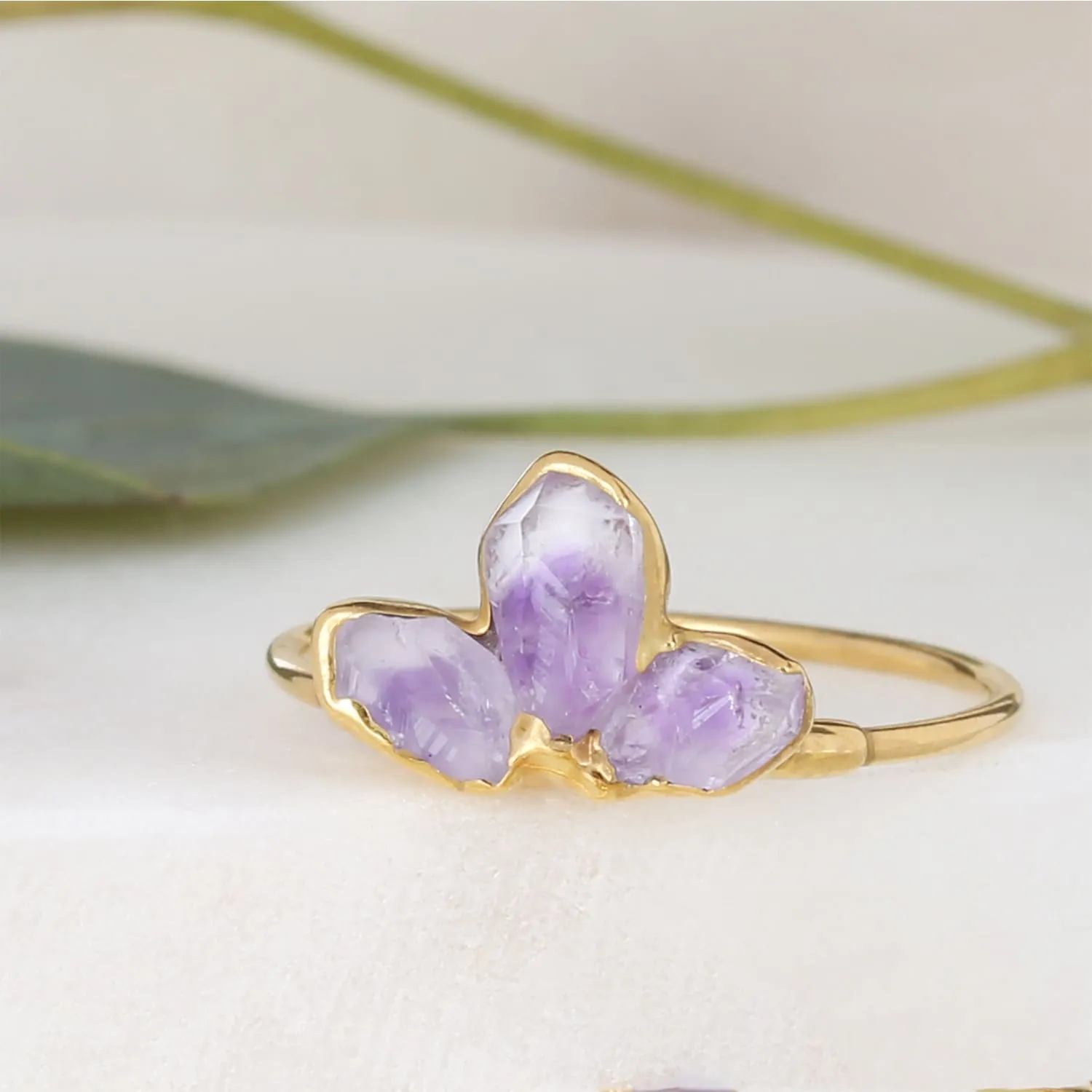 Triple Raw Amethyst Fan Ring, Gold Ring, Amethyst Ring,