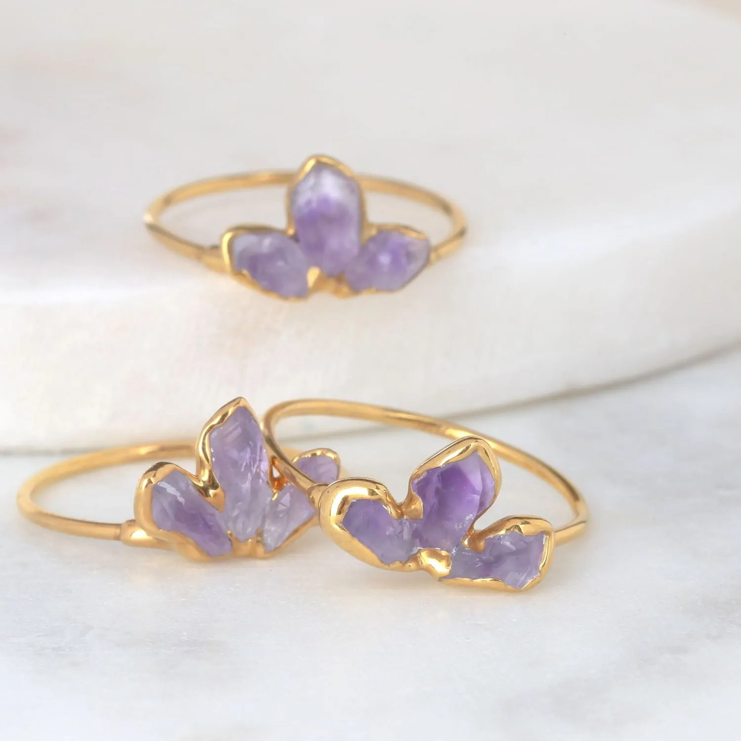 Triple Raw Amethyst Fan Ring, Gold Ring, Amethyst Ring,