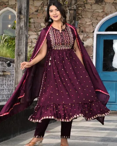 Wine Nyra Style Rayon Embroidered Anarkali Suit Set