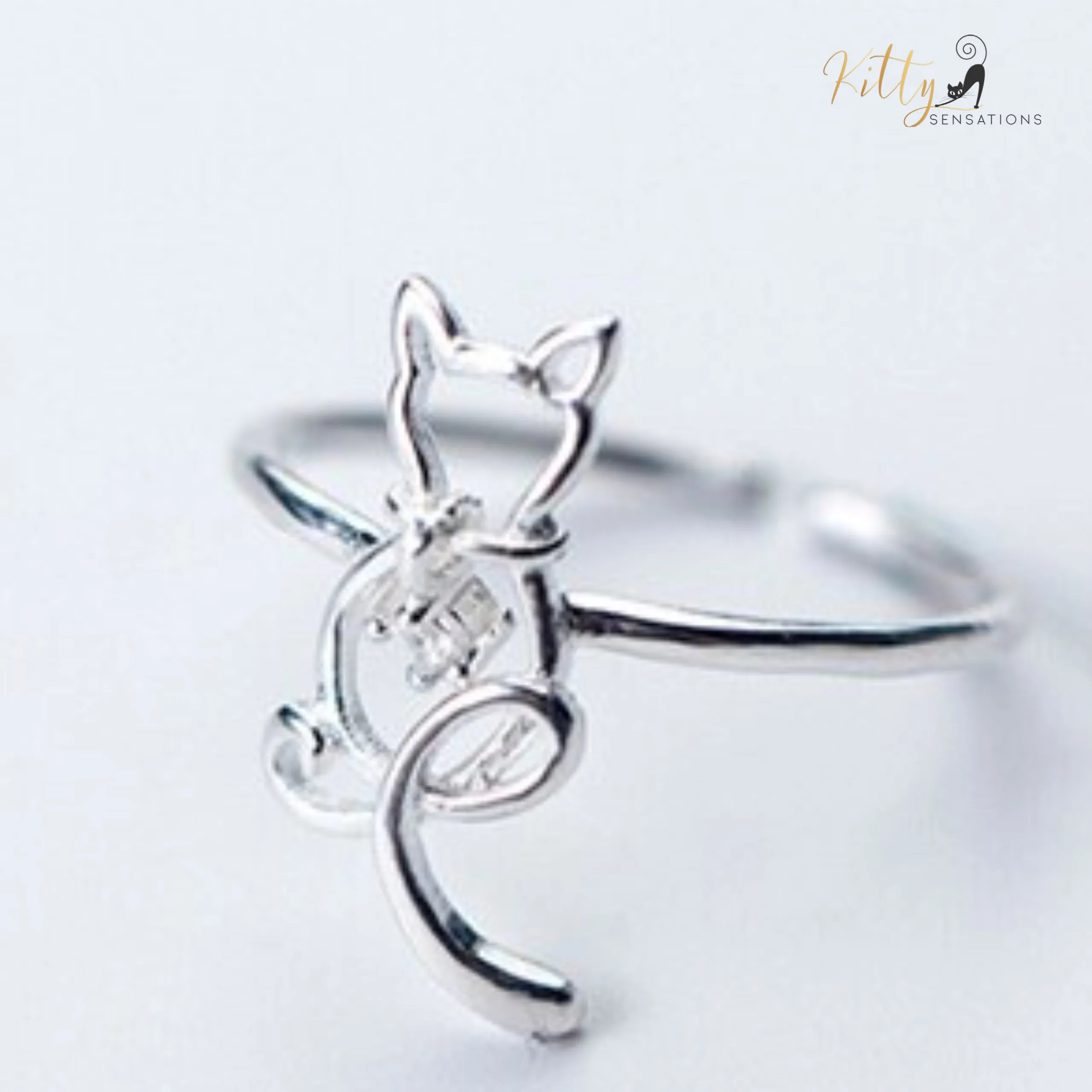 Zircon Heart Cat Ring in Solid 925 Sterling Silver - Adjustable